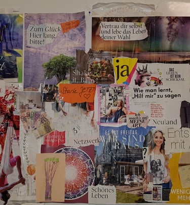 Farbenfrohes Vision Board mit Zitaten, Magazinausschnitten und Bildern zum Thema Lebensstil.