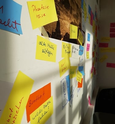 Haftnotizen mit handgeschriebenen Ideen an einer Wand für kreatives Brainstorming Design Thinking