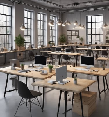 Commercial office area with tailored metal and wood desks designed for productivity