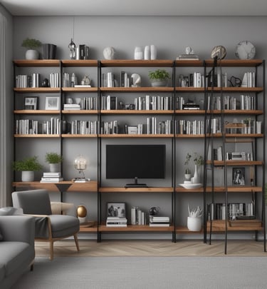 Residential living space featuring custom-made wooden shelves and metal accents