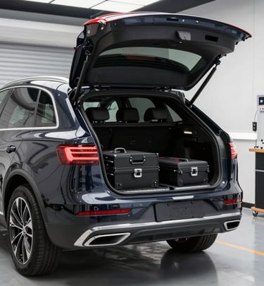 Mobile detailing van parked in front of a modern home with tools and products neatly arranged