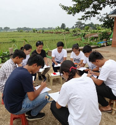A lively classroom scene where a teacher guides students through a vocational training session.