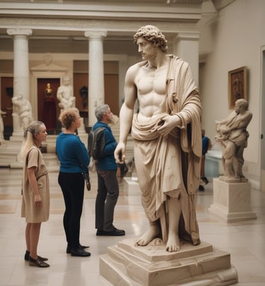 A group of travelers enjoying a guided walking tour, using their phones to scan QR codes along the route.