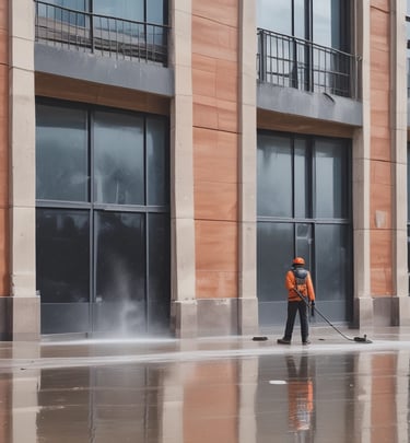 Power washing the exterior brick facade of a multi-unit property on a sunny day