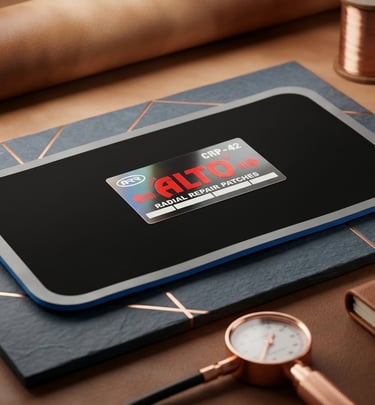Alto radial repair patches for professional tyre maintenance on a workshop table.