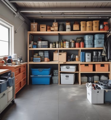 Wall-mounted racks holding bicycles and garden tools, maximizing floor space