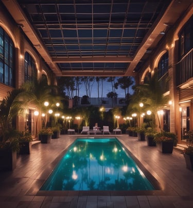 Outdoor party setup by the pool with festive decorations and seated guests at Monte Kurumi Eventos.