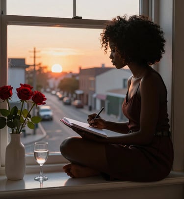 Reflective moment: a woman holding a journal near a window with soft natural light filtering in.