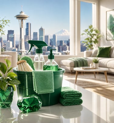 Eco-friendly green cleaning supplies in a bucket with a Seattle skyline view.