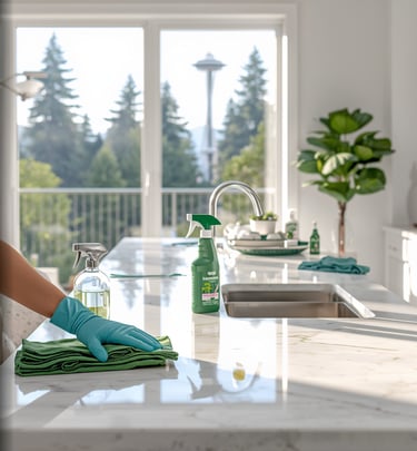A person wearing blue gloves wipes a white marble countertop with a green cloth and eco-friendly cleaning spray.