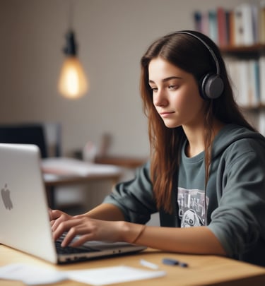 A pair of students discussing content displayed on a laptop screen in a bright, modern setting.
