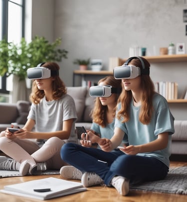 A group of diverse high school students wearing VR headsets, immersed in a virtual classroom experience.