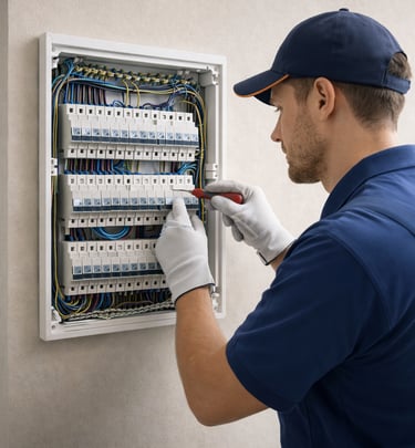 Professional electrician wearing gloves while repairing a modern home electrical circuit breaker panel.