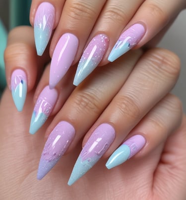 Close-up of a client's hands with freshly polished nails in soft pastel colors.