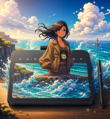 Ilustración pixelada de una chica anime emergiendo de una tableta gráfica XP-Pen sobre un paisaje co
