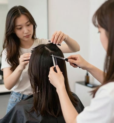 A stylist carefully trimming a client’s hair, capturing the precision and attention to detail
