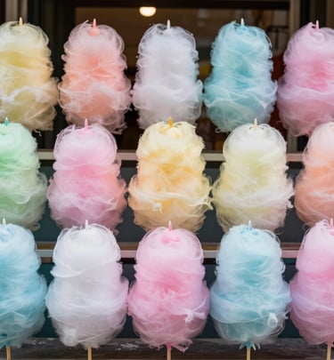 Fluffy pink and blue sugar cloudz cotton candy spinning on a stick, catching the sunlight.