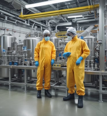Technicians in protective gear monitoring speciality chemicals production line