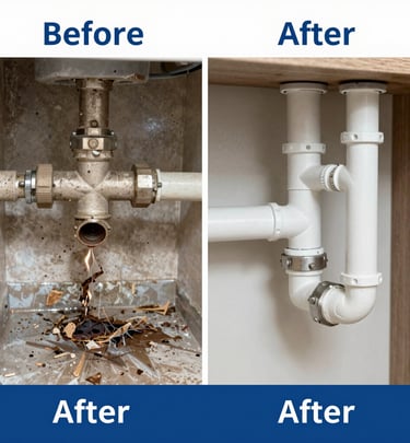 Technician inspecting a clogged outdoor drainage pipe in a residential area in Bekasi