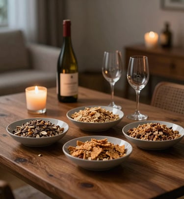 A warm evening scene with a bowl of savory knusper served alongside a glass of red wine by a glowing fireplace.