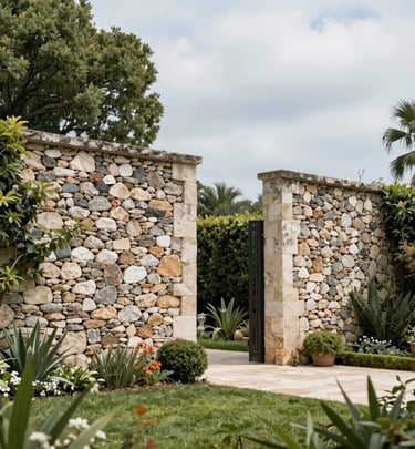 Before and after photo of a modern garden transformation with lush green grass and decorative stones.