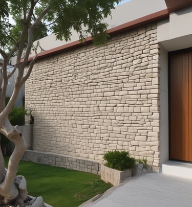 Artistic arrangement of various natural stones displayed in a showroom setting