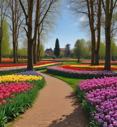 A charming street in a Dutch village lined with colorful tulip fields and historic buildings under a bright blue sky