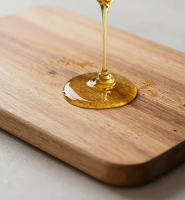 Artisan crafting a wooden cutting board, pouring vibrant blue epoxy resin into natural wood crevices