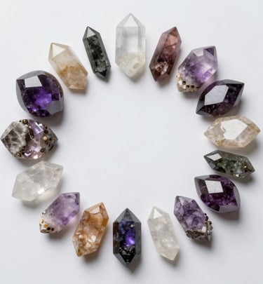 A collection of healing crystals and essential oils arranged artfully on a wooden table, ready for use.