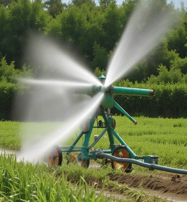 Rows of crops being watered by a traditional furrow irrigation channel