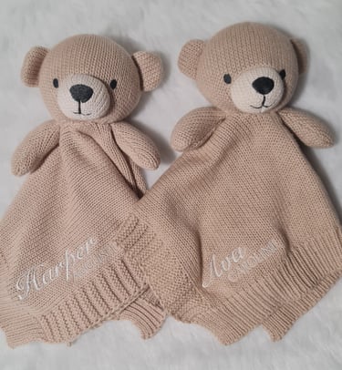 Personalised embroidery on these snuggle bears, baby sleep toy