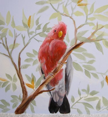 A ceiling mural showing a galah sitting on a leafy branch looking down