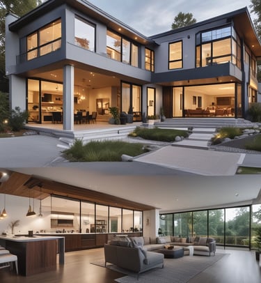 a collage of a house with a large open concept