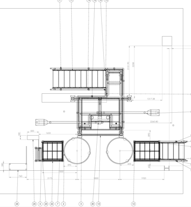 Technical blueprint of an industrial conveyor system layout with dimensions and numbered components.
