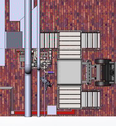 Top-down 3D CAD model showing industrial machinery, pipes, and a forklift on a brick floor layout.