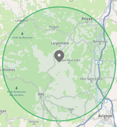 carte 30 kilomètres autour de la ville de GROSPIERRES