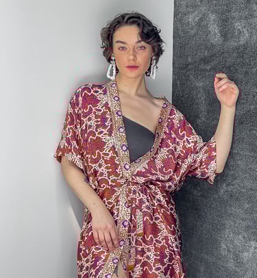 PATTERNED ORANGE SILK KIMONO COVER UP BEACH STYLE