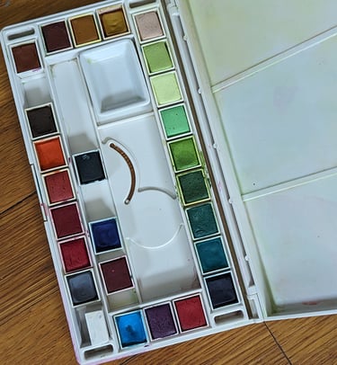 A white tray case of cake watercolors. 