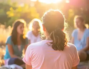 Grupo de mulheres em encontro Projeto Maria’s ao ar livre ao pôr do sol