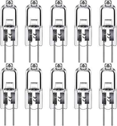 Ten-pack of G4 20W 12V clear halogen light bulbs with 2-pin base for landscape and accent lighting.