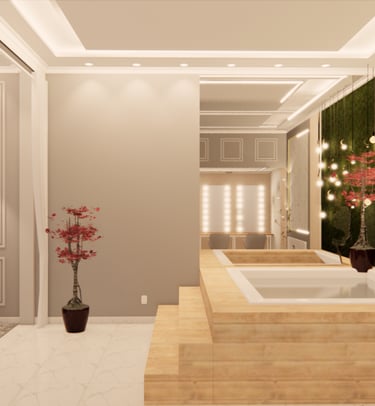 banheiro com hidro massagem e jardim vertical iluminado arquitetura