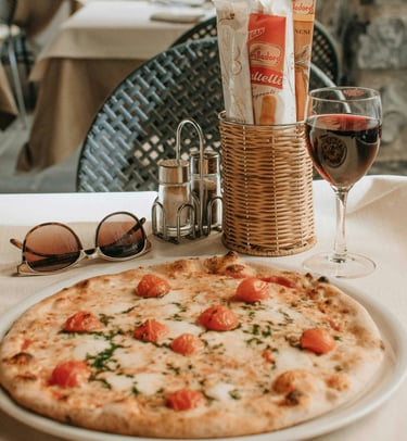 Italian food with pizza and wine