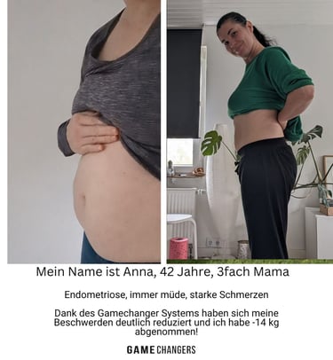 Vorher-Nachher-Bild einer 42, Frau mit Endometriose sichtbar weniger Bauchumfang mehr Lebensfreude