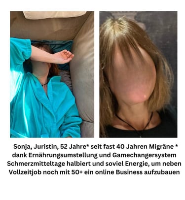 Vorher-Nachher-Bild einer 52-jährigen Frau mit Migräne, sichtbar erholt nach Ernährungsumstellung.