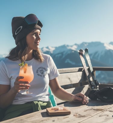Après-ski mountain lifestyle featuring Dead Cold ski brand t-shirt