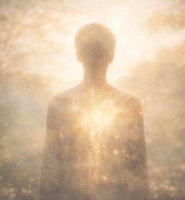 A calm human figure surrounded by soft light and nature, symbolizing soul awareness, inner connectio