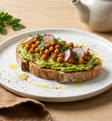 Tartine d'avocat (avocado toast) avec pois chiches épicés et radis sur pain au levain, accompagnée d