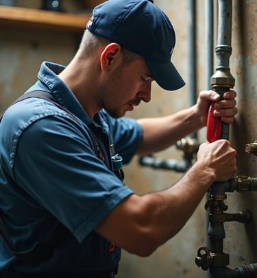 Professional plumber in uniform repairing metal water pipes with a wrench for home maintenance.