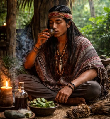 A shaman drinking ancestral medicine from a learning diet in the jungle and valley. Peruvian