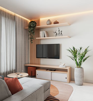 Projeto de interiores para sala contemporânea com design funcional e acolhedor.